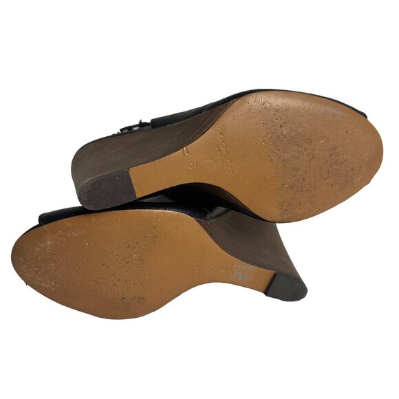 COACH Lindsay Safari Black Calf Leather Wedge Peep Toe Sandal Size 7 - Picture 6 of 12